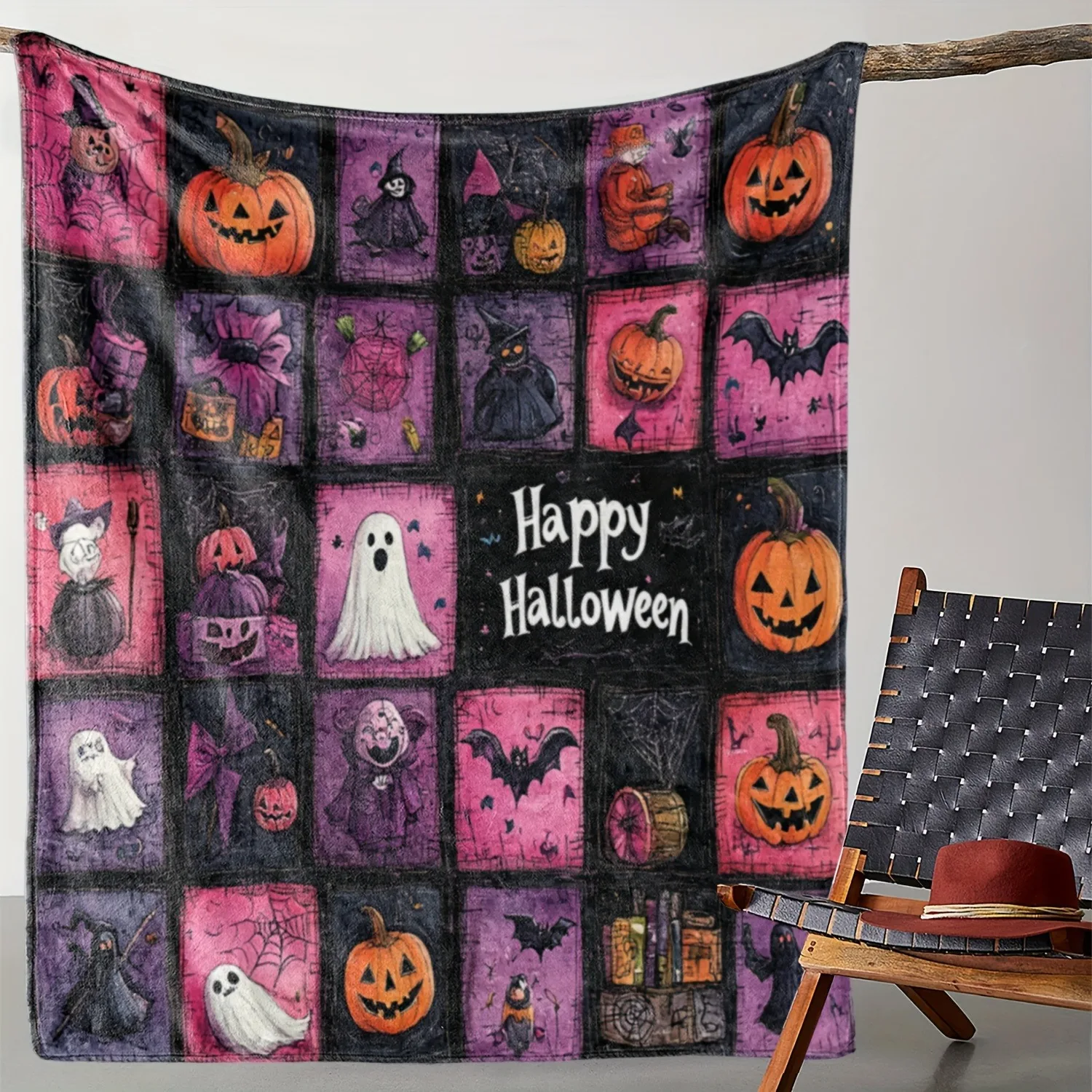 

1pc Halloween-themed Blanket with Happy Motif , Flannel blanket, Halloween gift blanket.