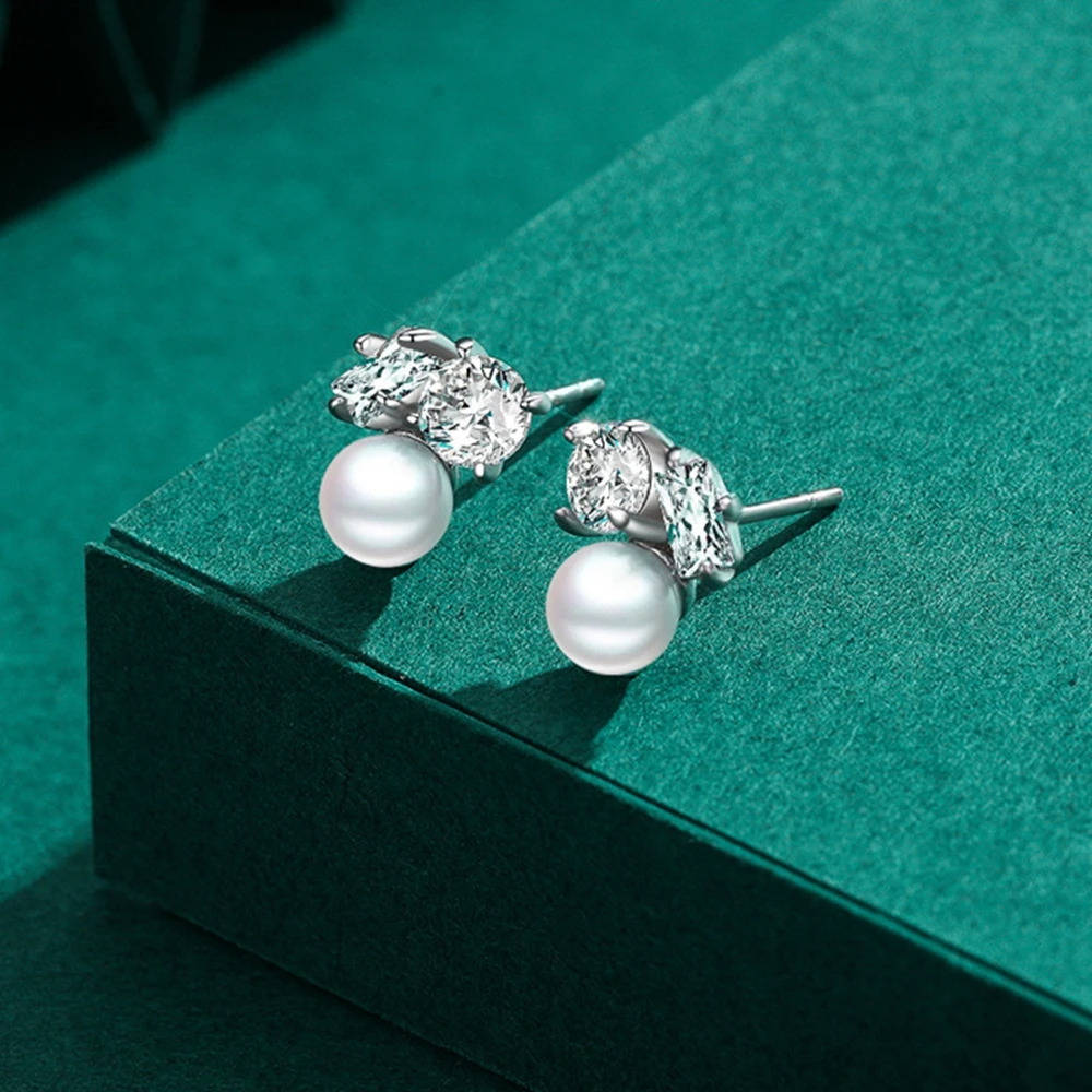 PuBang Fine Jewelry 925 Sterling Silver VVS Gem High Carbon Diamond Pearl Stud Earrings for Women Anniversary Gift Drop Shipping