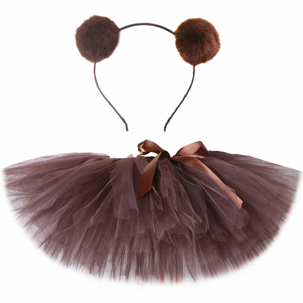 HJTT Girls Brown Bear Tutu Skirt Fluffy Girl Mini Tulle Skirts Toddler Kids Animal Dress Up Clothes Halloween Party Tutu Costume