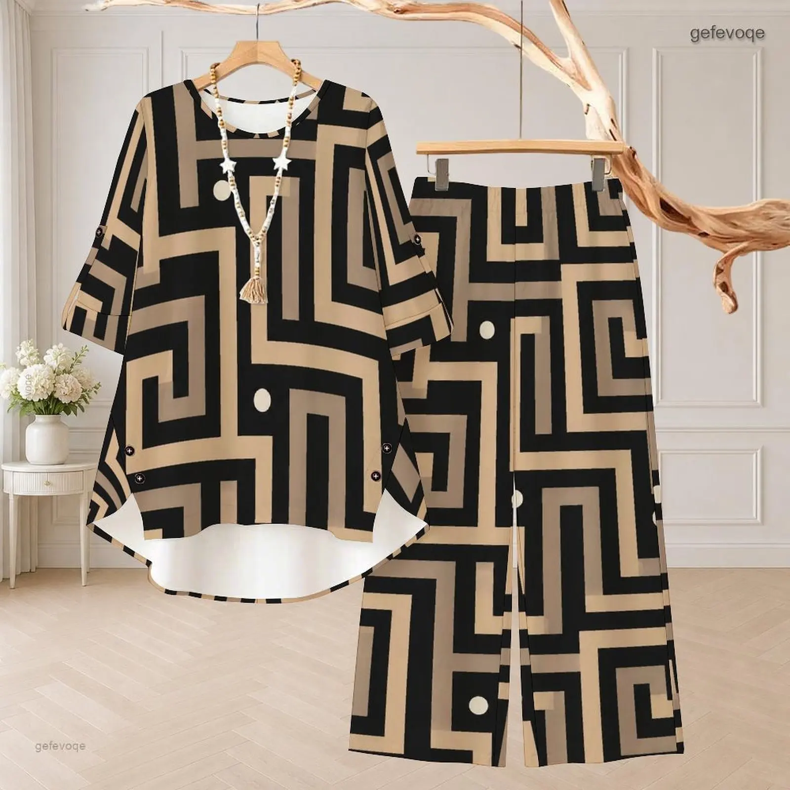 Women Geometric Maze Printed Round Neck 3/4 Sleeve High Low Top and Long Pants Two Piece Set