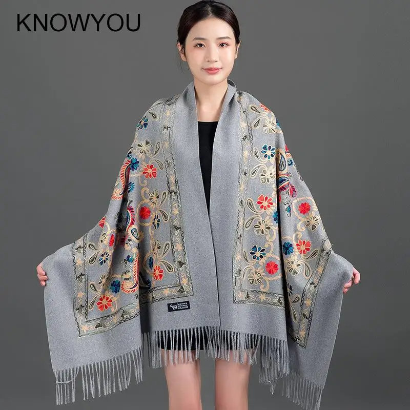 New Autumn 200*70Cm Winter Cashmere Pashmina Femme Embroidery Shawl Bufanda Travel Reversible Long Scarf Thick Warm Scarves Wrap