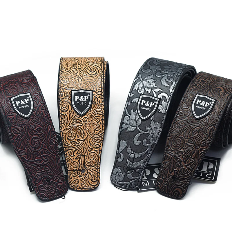 PU Leather Guitar Strap 2.5 Inches Width Adjustable Vintage Guitar Strap Soft Embroidered Belt for Electric Guitar Acoustic Bass