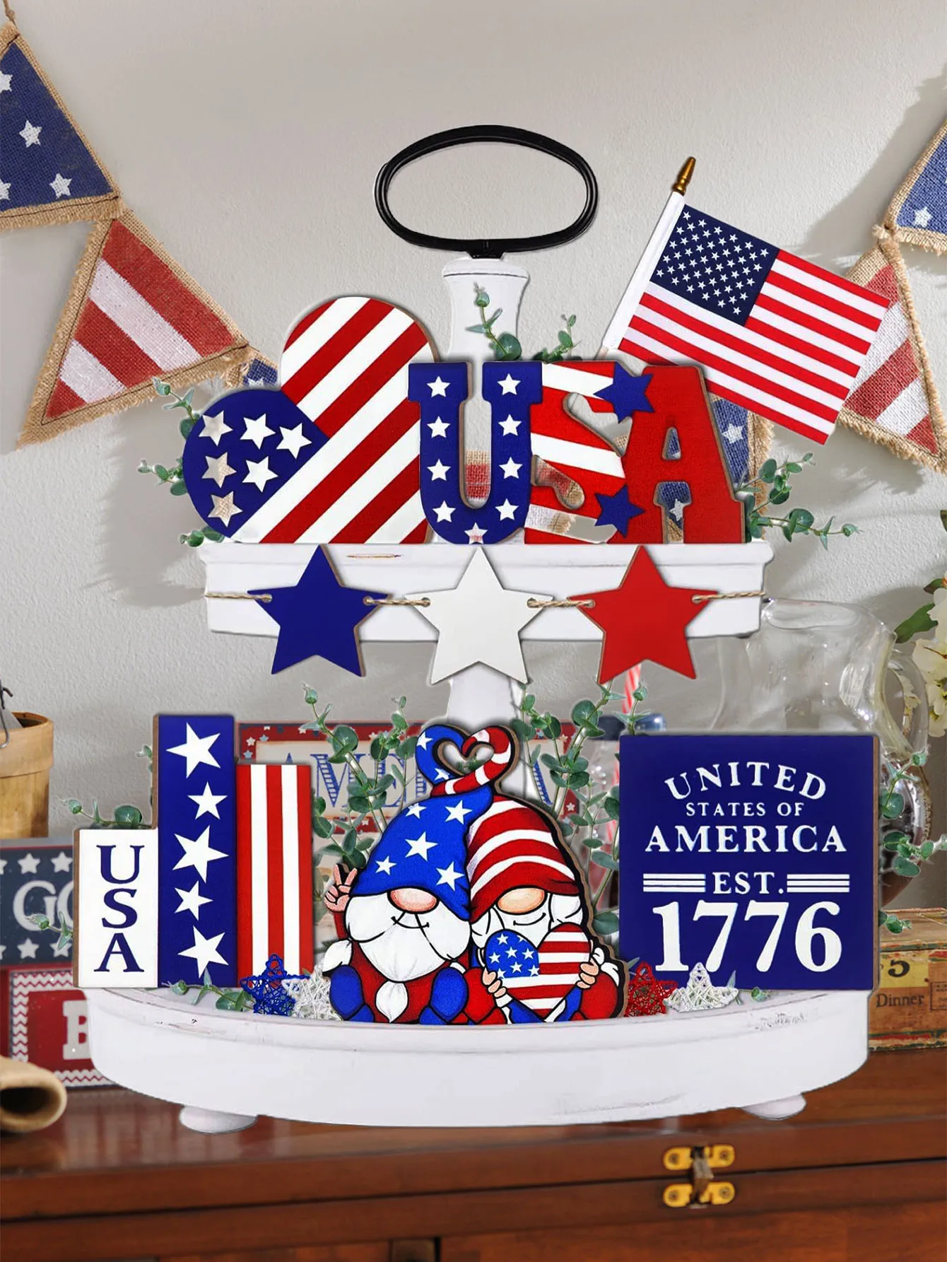 Vintage Style Patriotic Tiered Tray Decor Set, Wooden American Independence Day Mini Signs, 4th of July Tabletop Accents