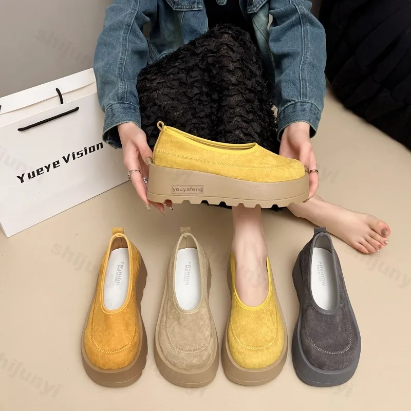

Женские однотонные туфли в стиле ретро на толстой подошве с неглубоким носком, осень 2023, модная универсальная удобная повседневная обувь без шнуровки на массивном каблуке