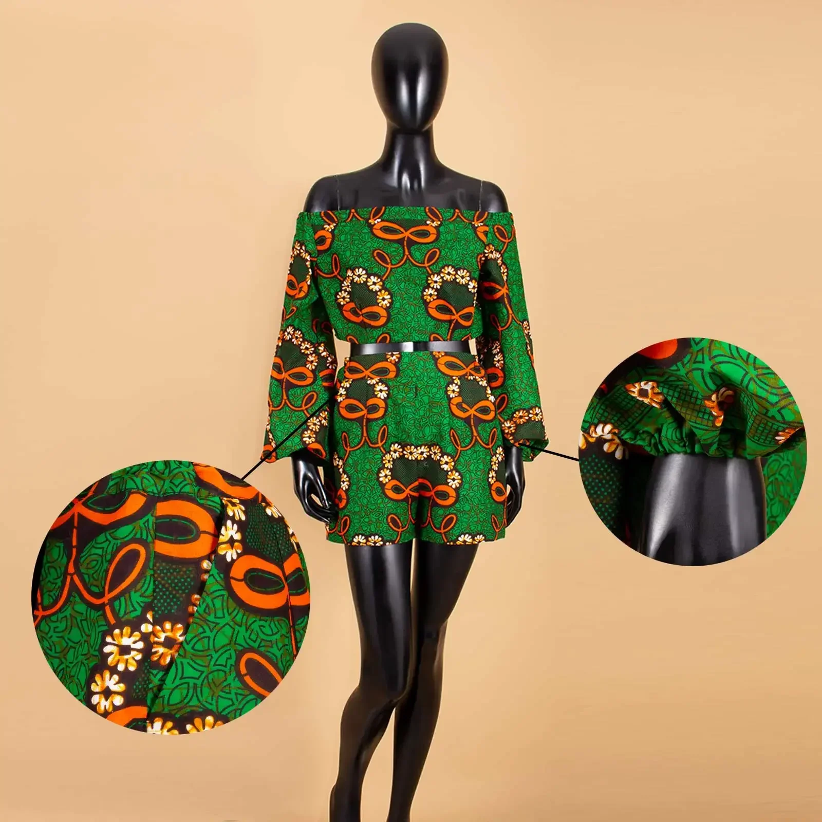 Women Tracksuit African Clothes Off Shoulder Crop Tops and Casual Shorts 2 Piece Set Sexy Outfits Ankara Attire A2226013