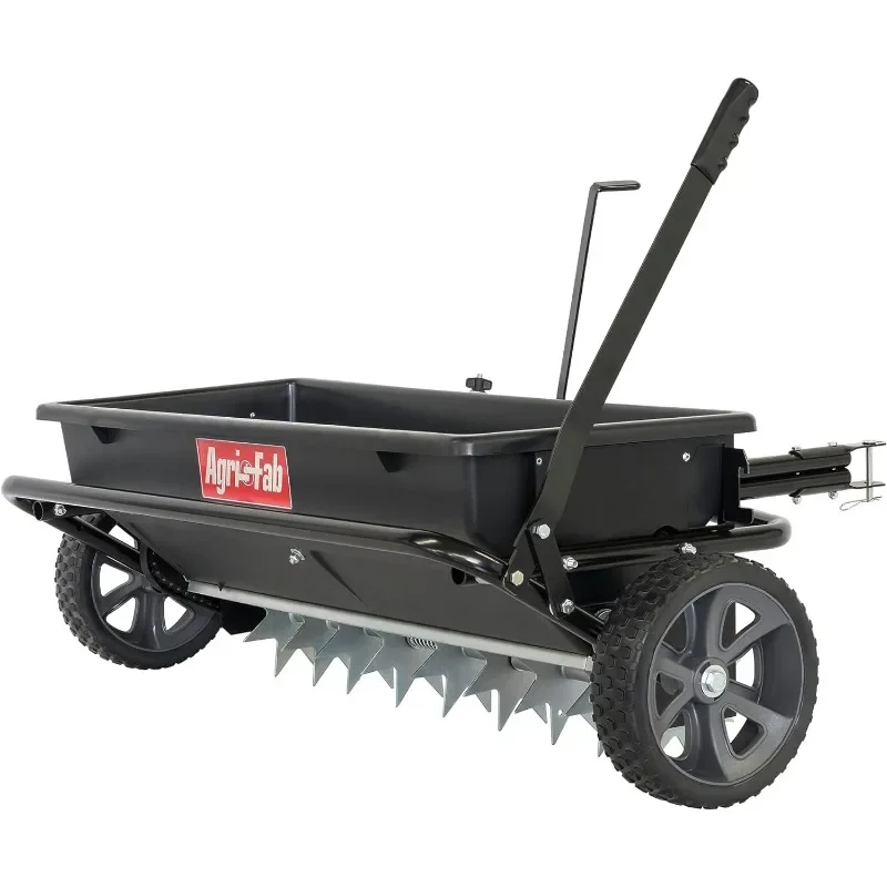 

100lb Poly Drop Spreader/Spike Aerator，Universal hitch attaches easily to any brand of tractor