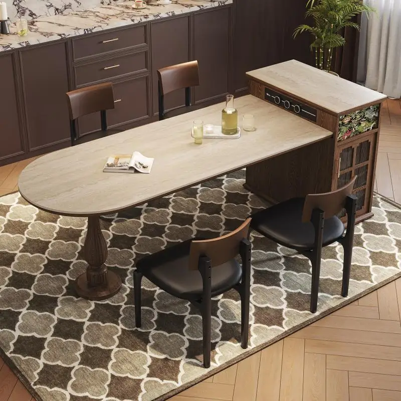 Travertine rock slab multi-functional with induction cooker telescopic island table home guest restaurant