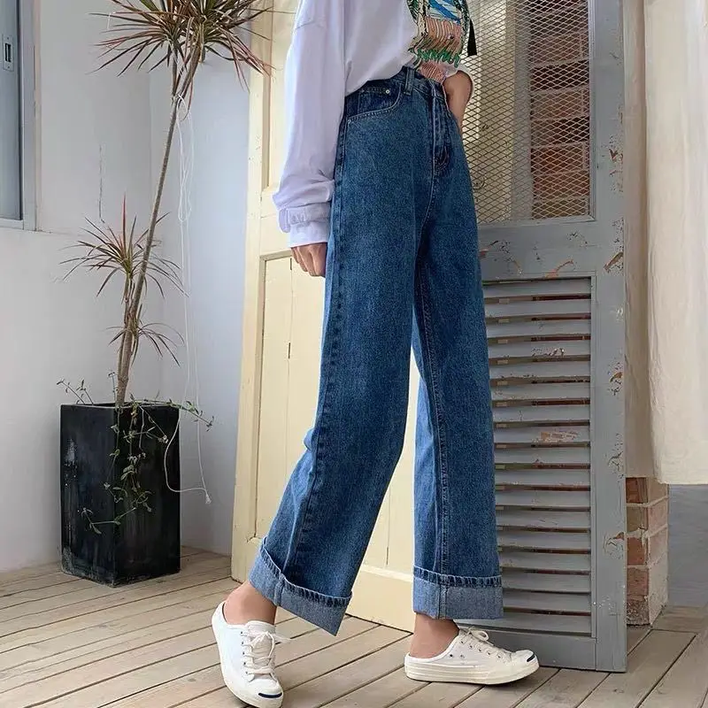 Women Autumn Winter Korean Simplicity Loose Solid Color High Waist Appear Thin Fleece Jeans Ladies Casual All-match Wide Leg