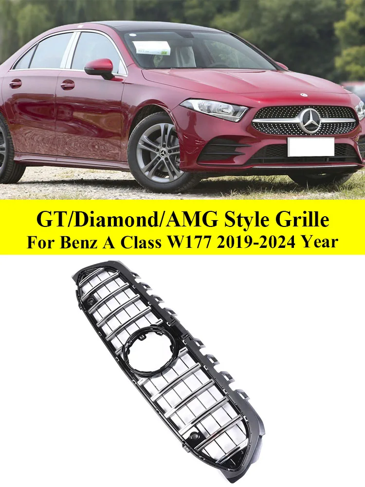 For Mercedes Benz A Class W177 2019-2024 Diamond AMG A35 A45 Black Chorme Grille Front Bumper Panamericana GT Grille A200 A180