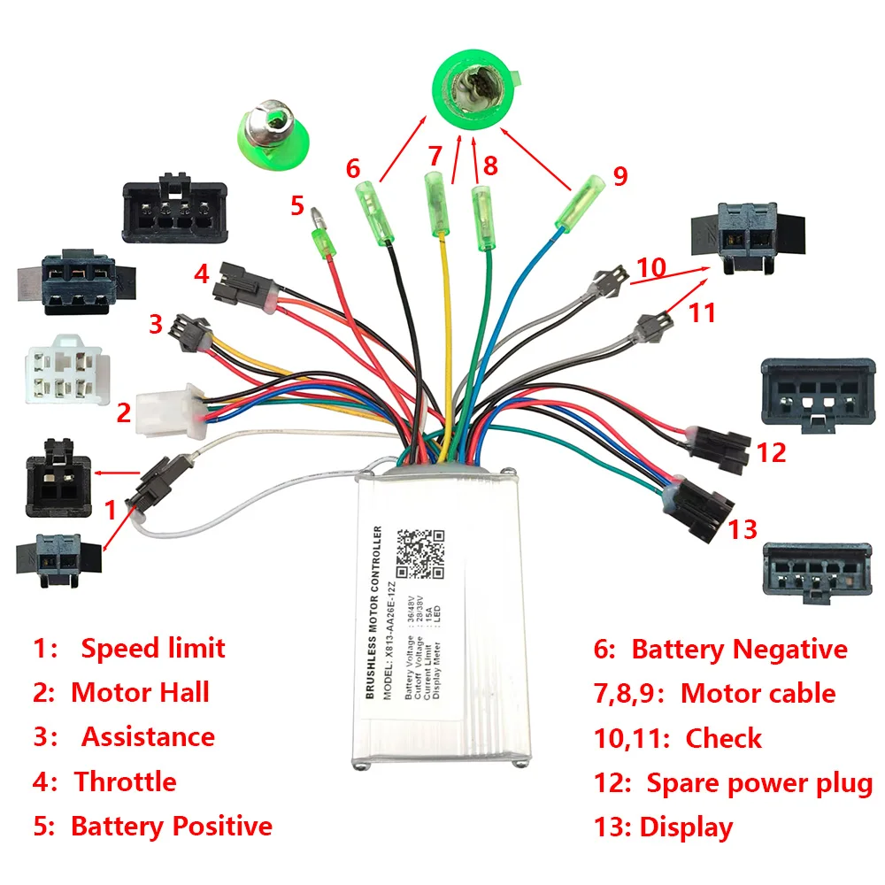 ebike-brushless-motor-controller-48v-15a-e-bike-accessories-x813-aa26e-12z-display-kd26e-bike-speed-controller