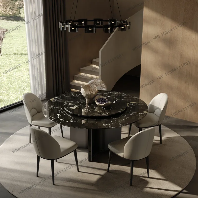 Black rose luxury stone dining table round Italian light luxury high-end natural marble table with turntable