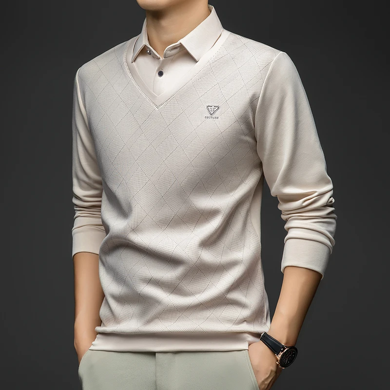 2025 الربيع والخريف منتصف العمر الرجال طوق بأكمام طويلة تي شيرت أبي فضفاض وهمية قطعتين منتصف العمر رقيقة رداء علوي غير رسمي الرجال #4