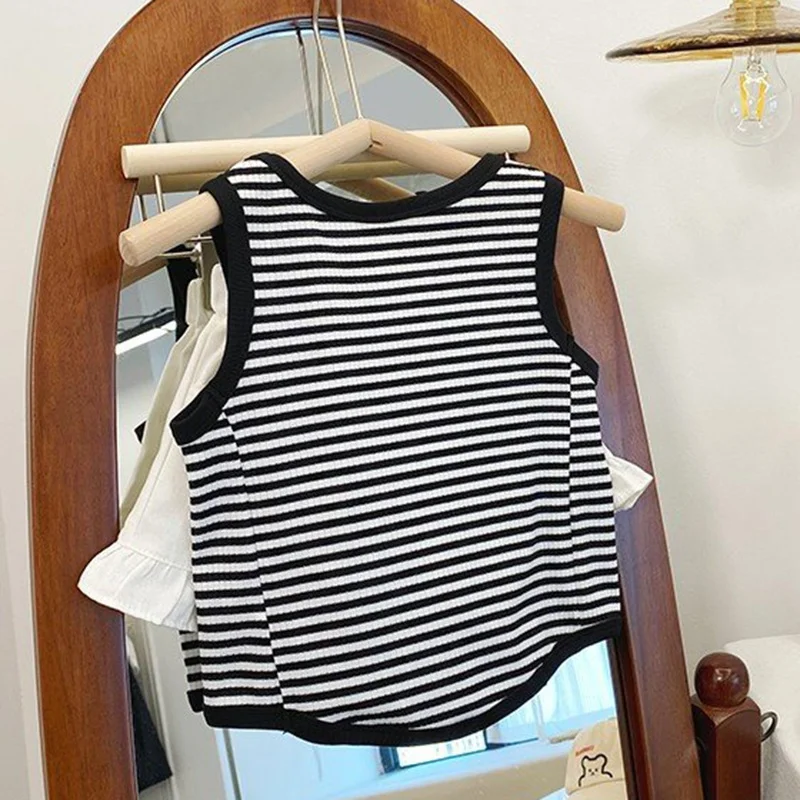 Children Striped Cotton Sleeveless T-shirts for Girls 3-9Y Soft Casual Tee Outing Round Neck Vest Tops Kids Clothing