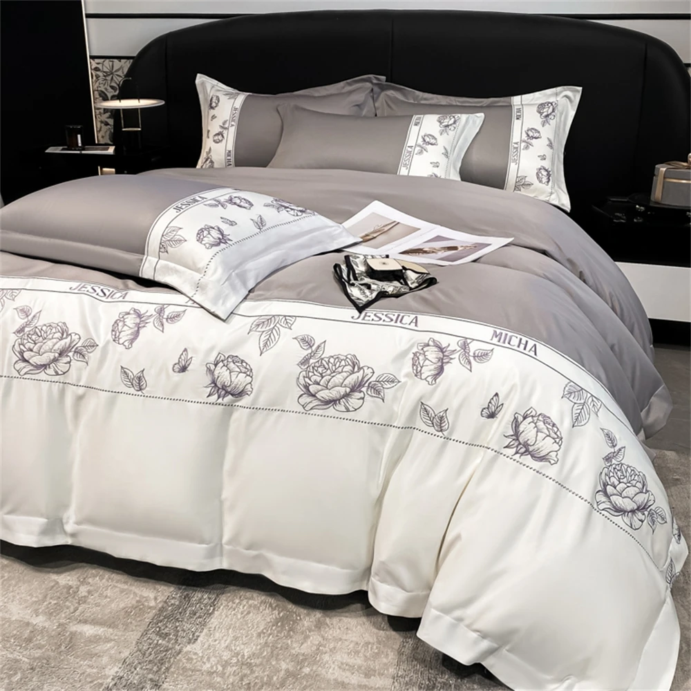 

Light Luxury Bedding Set Print Floral Embroidered Four Piece Set Bed Sheet Quilt Cover Pillowcases Duvet Cover Set Home Textiles