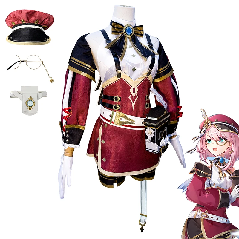 Game Genshin Impact Charlotte Cosplay Costume para Mulheres, Peruca, Uniforme de Meninas, Roupa Halloween, Trajes de Carnaval