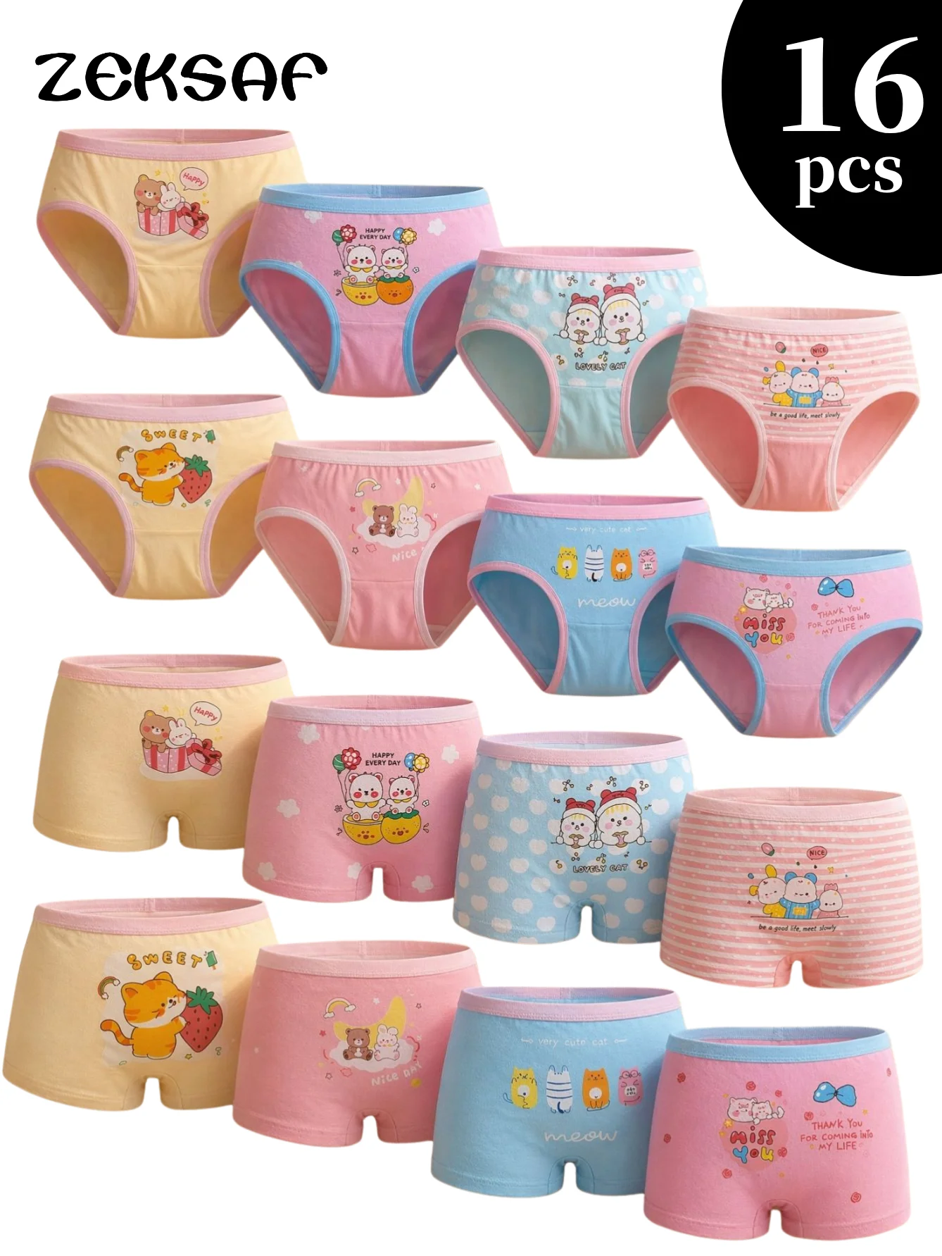 ZEKSAF 16 Pack Fashion Girls Briefs, Cute Bear Print Girls Underwears, Soft Quick-dry Toddler Underpanties, Perfect Gift for Kids