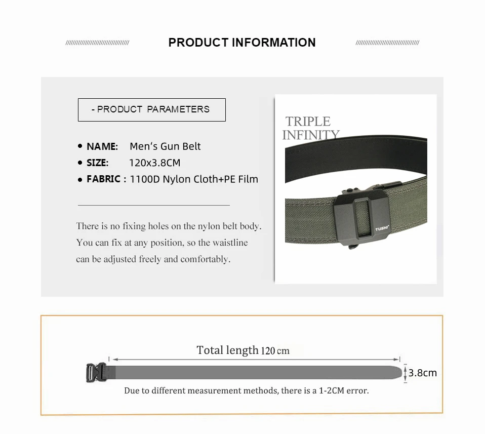 Sturdy Metal Automatic Buckle Hard Tactical Belt Double Layer Thickened Hanging Gun Belts For Men Outdoor 3.8cm Width Waistband