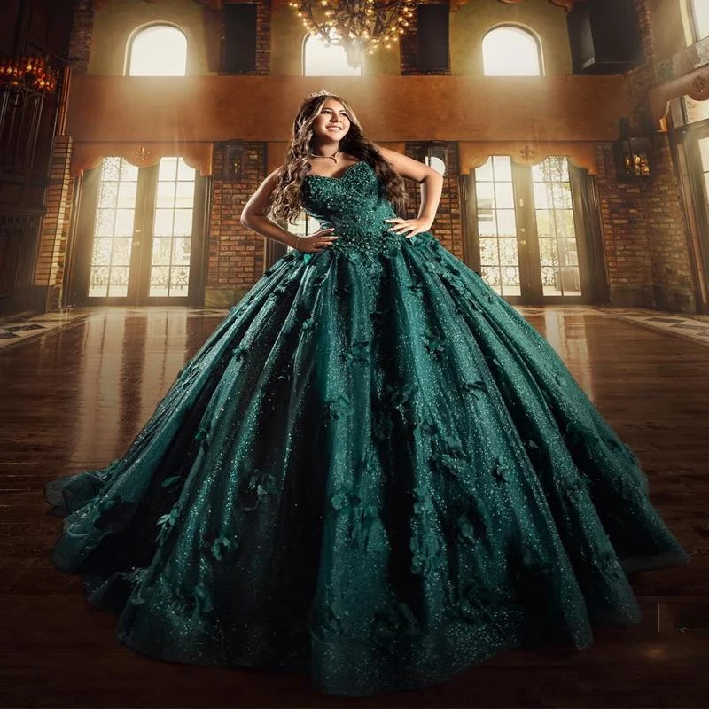 

Blackish Green Shiny Princess Sweet 16 Dress Quinceanera Dresses Beading Flower Party Birthday Vestido De 15 Anos Ball Gown