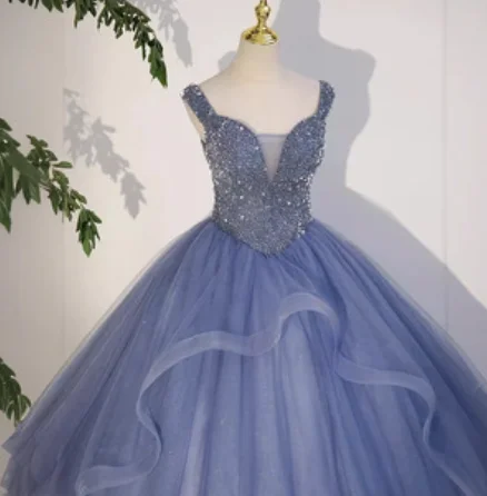 Vestido de quinceañera mexicana azul polvoriento de lujo, corsé con cuentas de lentejuelas, vestido de baile, fiesta de cumpleaños, vestido de graduación, 15 años