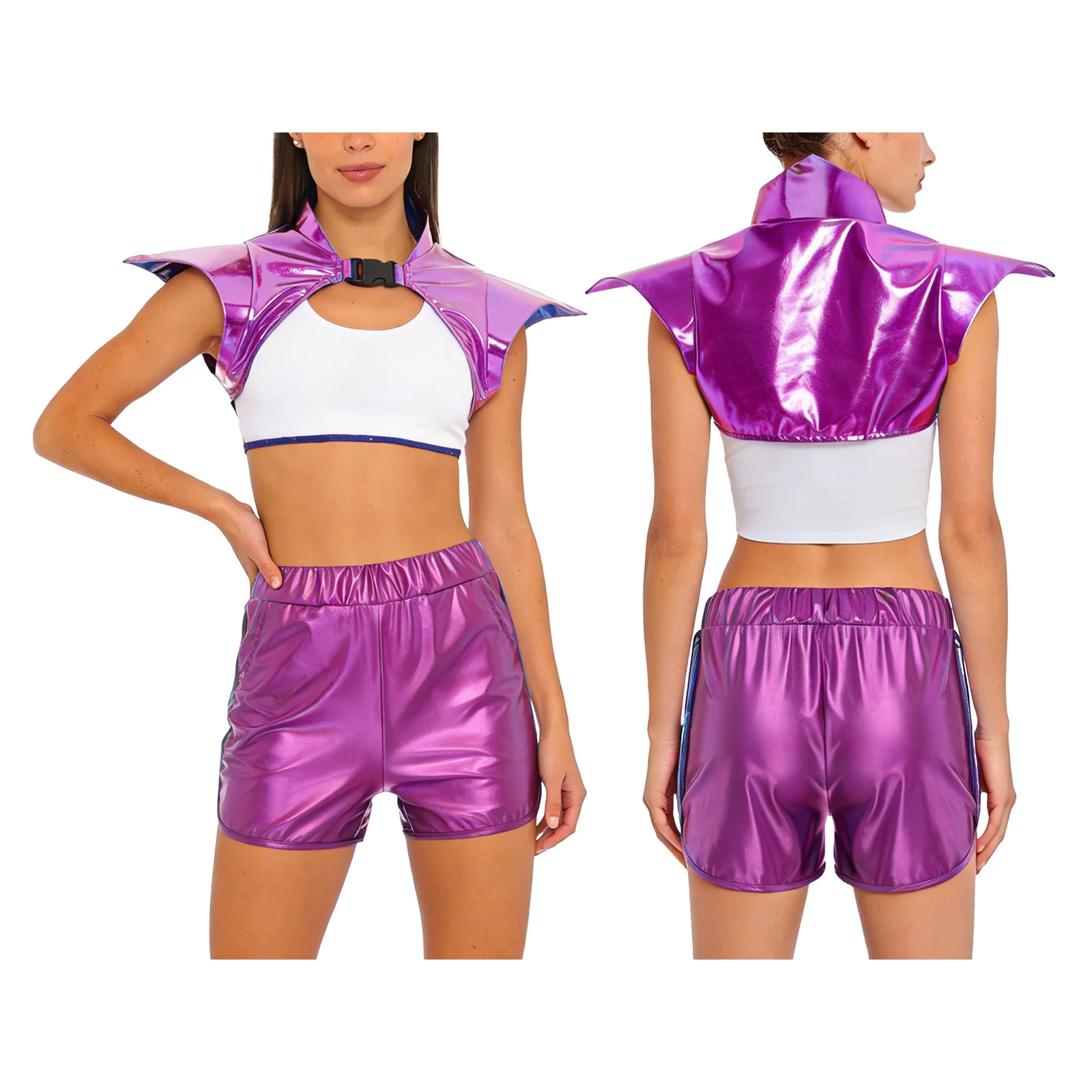 

Women Soldier Warrior Combatant Cosplay Sets Metallic Pauldron Gothic Armor Tops And Booty Shorts for Raves Party Halloween