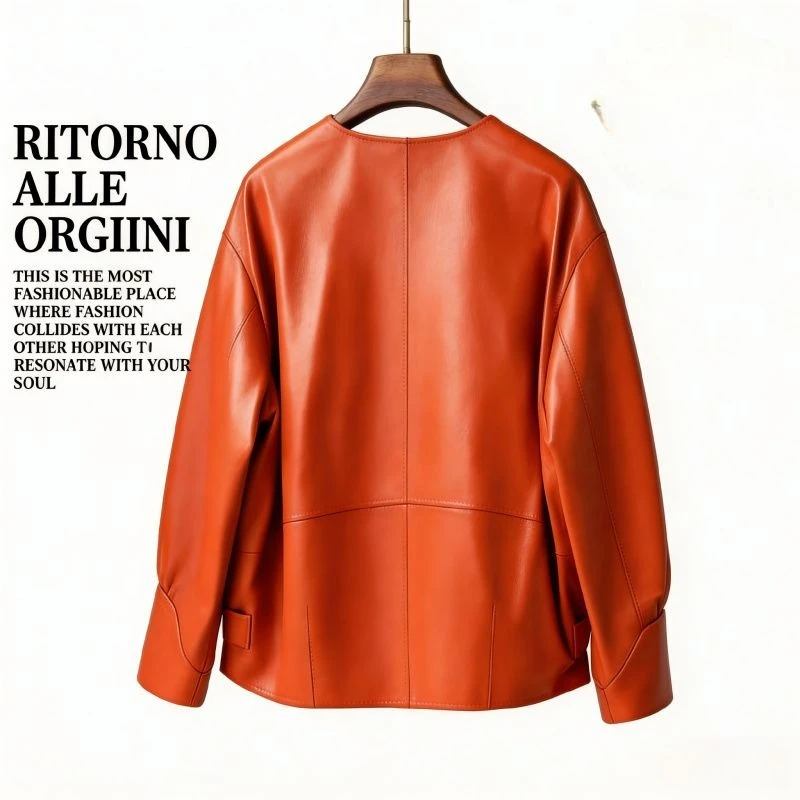 Vintage Black Leather O-neck Coat Loose Lantern Sleeves PU Leather Jackets for Women Button Pockets Windproof Outerwear Trendy