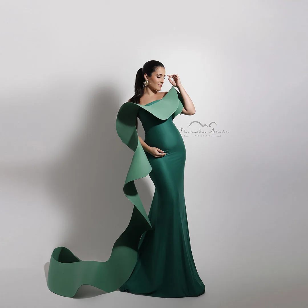 Vestidos largos de satén verde a la moda para embarazo, vestidos elegantes recortados en 3D con volantes, vestido ajustado para mujer, vestido elegante fruncido personalizado