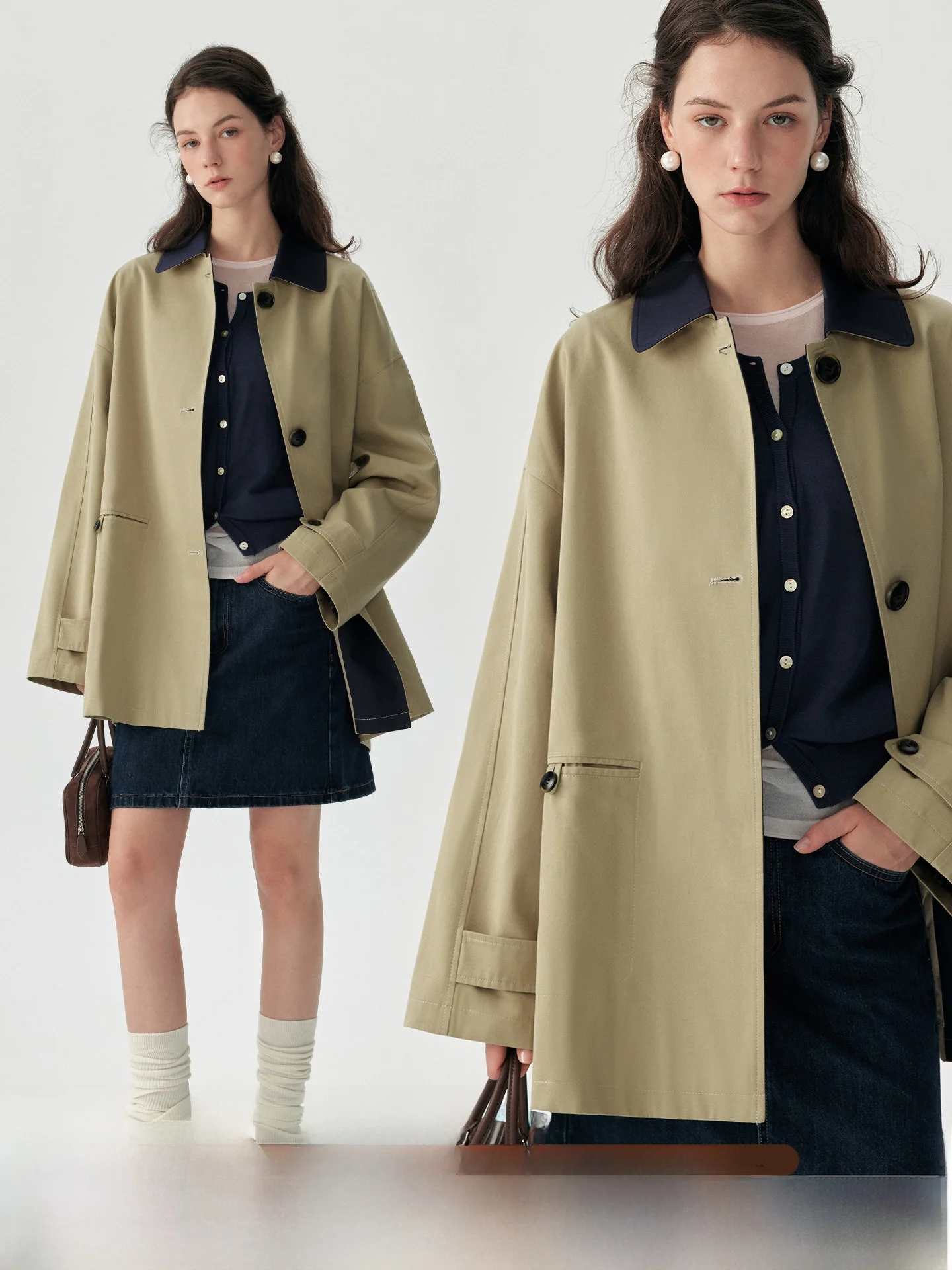

plus Size Color Blo Cotton Plaid Slim Fit Coat Korean Sle Casual Straight Cut Women's Windbreaker Long Sve Midi Coat