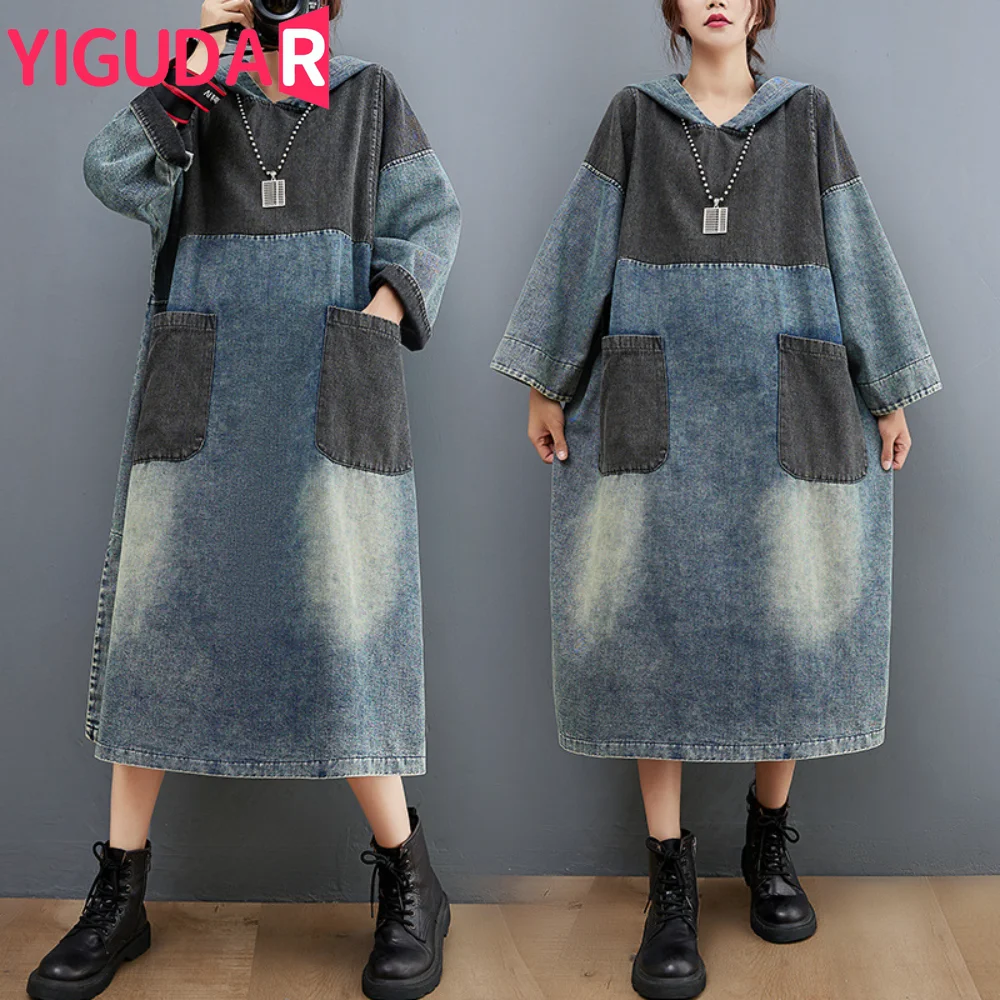 

maternity dress pregnant women Stitching Denim Dresses Fashion Long Sleeve Hooded Loose pregnancy Dress Vestidos de fotografia