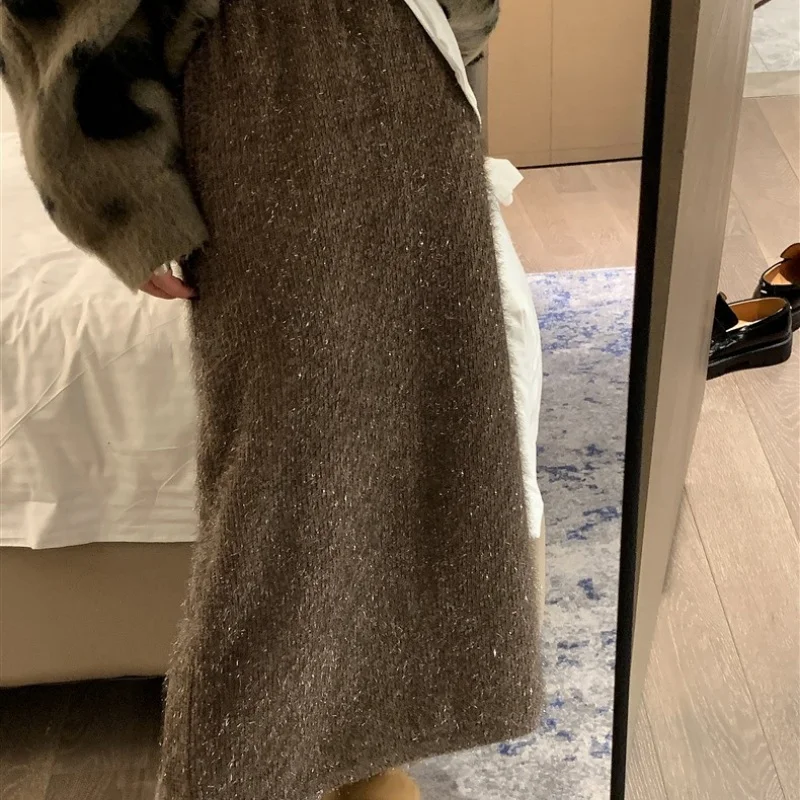 

Новая осенне-зимняя прямая юбка из синели с блестками, женская однотонная эластичная длинная юбка с высокой талией и разрезом, повседневная юбка Jupe