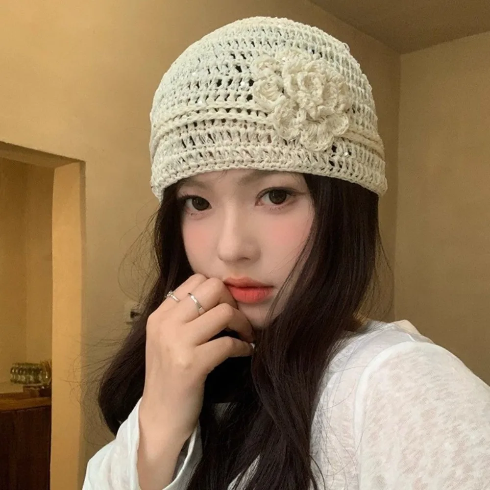 

Casual Hand-woven Flower Knitted Caps Hollow Y2k Sequin Crochet Hat Thin Versatile Beanies Cap Streetwear