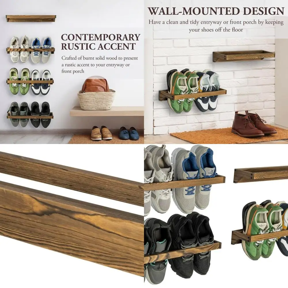 

Set of 4 Wooden Hanging Shoe Racks, Rustic Wall-Mounted Storage for 8 Pairs, Ideal for Closets and Entryways