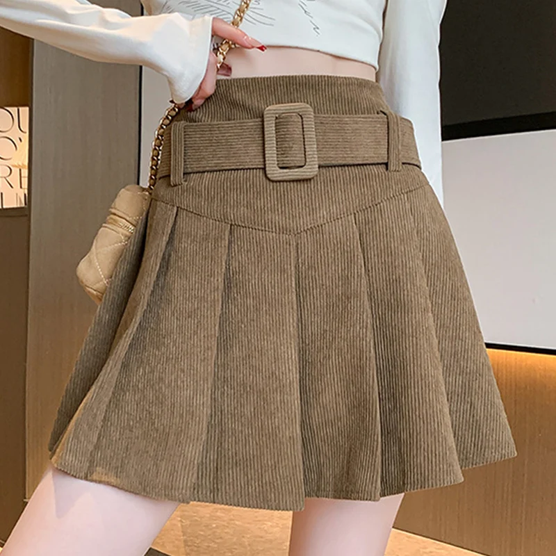 Fashion Belted Pleated Women's Skirts Autumn Winter Corduroy High Waist A-Line Skirts for Woman Loose Korean Mini Skirt Ladies