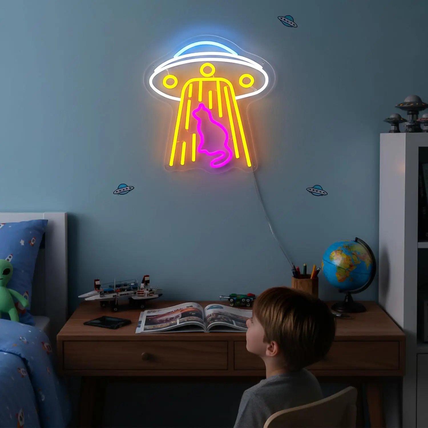 UFO Abducting Cat LED Neon Sign USB Wall Light Space Funny Animal Neon Lamp for Game Room Bar Bedroom Christmas Wall Decor Gift