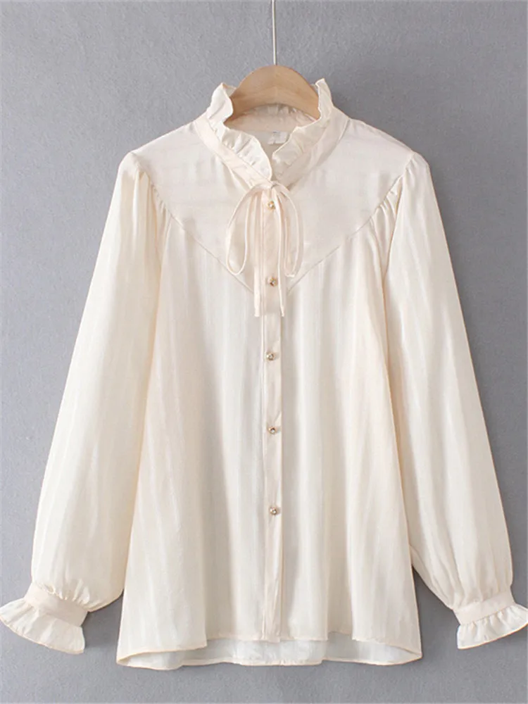 Plus Size Women's Long Sleeve Shirt Frill Stand Collar Solid Color Shirt Frill Decoration On Cuff French Large Size Shirt