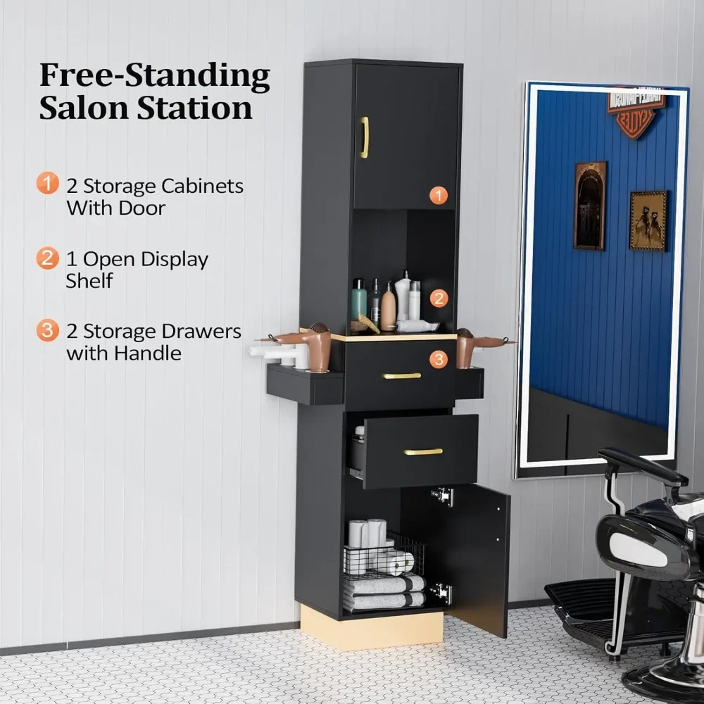 Salon Stations for Hair Stylist, Barber Station Hair Salon Station, Beauty Salon Spa Equipment with 2 Drawers, 2 Storage Cabinet