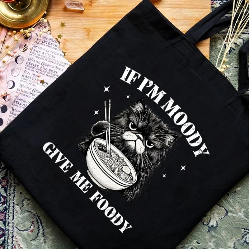 

Забавная сумка-шоппер с мемом кошки «Если я в плохом настроении, дайте мне еду» — холщовая сумка с мультяшным котом, едва удерживающим лапу с лапшой ламянь, юмористическая женская сумка через плечо