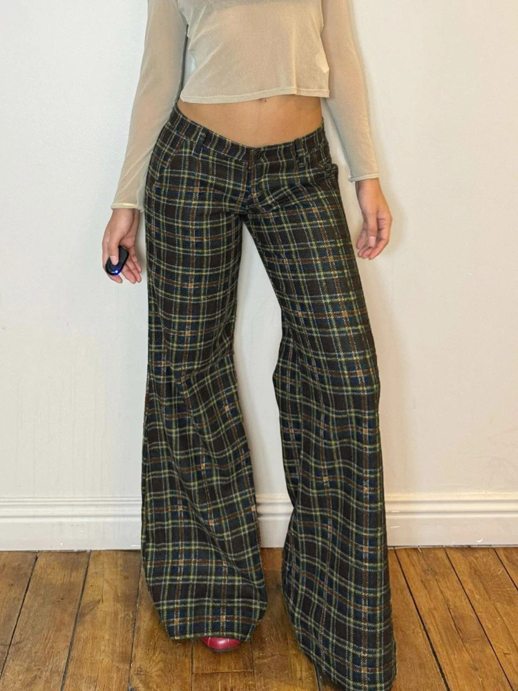 SsTss Pantalones a cuadros retro americanos para mujer, pantalones acampanados holgados de pierna ancha a la moda informal, adecuados para el salón callejero, uso diario