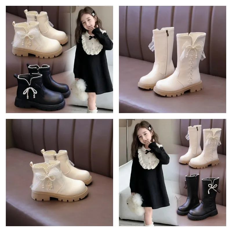 

Модные высокие сапоги с мягкой подкладкой для девочек, От 3 до 18 лет, детская хлопковая обувь с бежевым бантом, универсальные нескользящие короткие кожаные сапоги для девочек