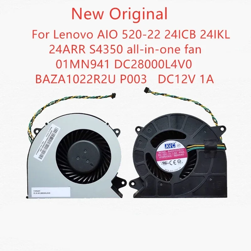 Ventilador de Refrigeração CPU Laptop Original, Lenovo AIO 520-22, 24ICB, 24IKL, 24ARR, S4350, 01MN941, DC 280000L4V0, BAZA1022R2U, P003, DC1, Novo