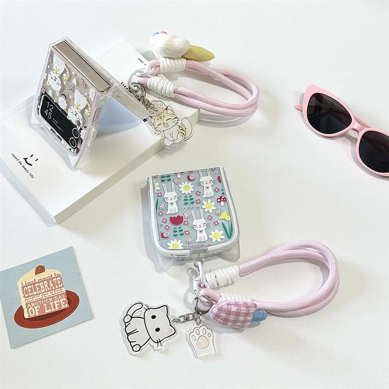 

Cute Flower Kitten Love Phone Case, Cartoon Cat Ears Girl Pendant String Fashion, Samsung Galaxy ZFlip3 4 Z Flip6 Flip5 5G