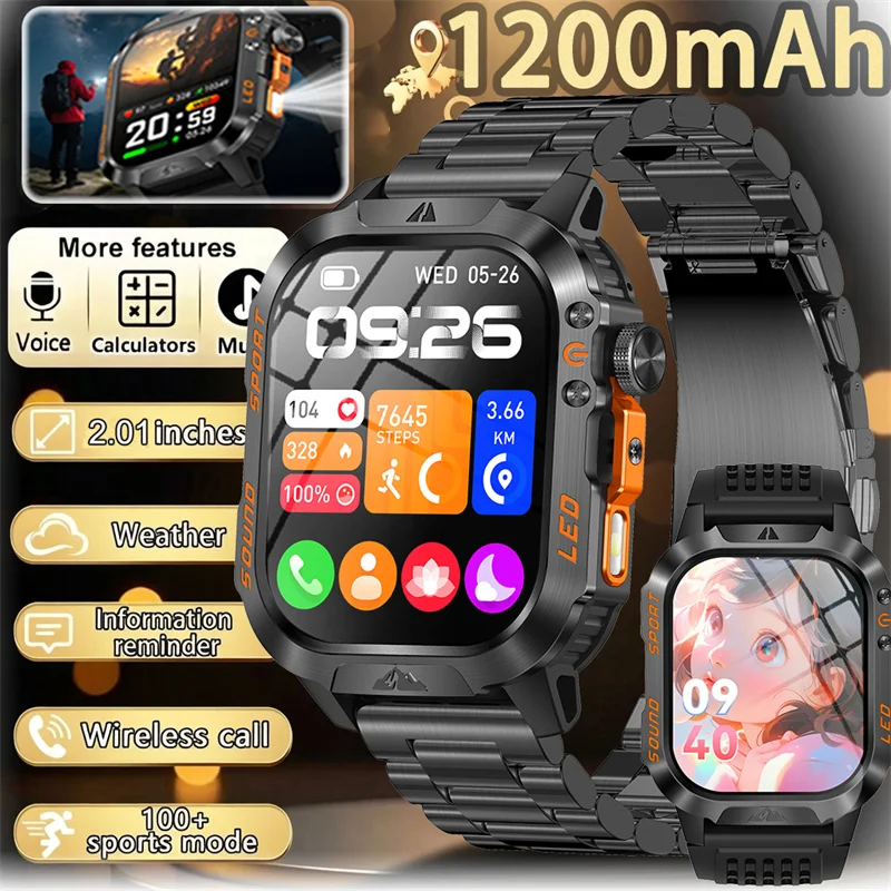 

New 1200 mAh Battery Military 5ATM Waterproof Smartwatch Men Fitness Tracker Health Heart Rate Smart Watch For iOS Android 2026