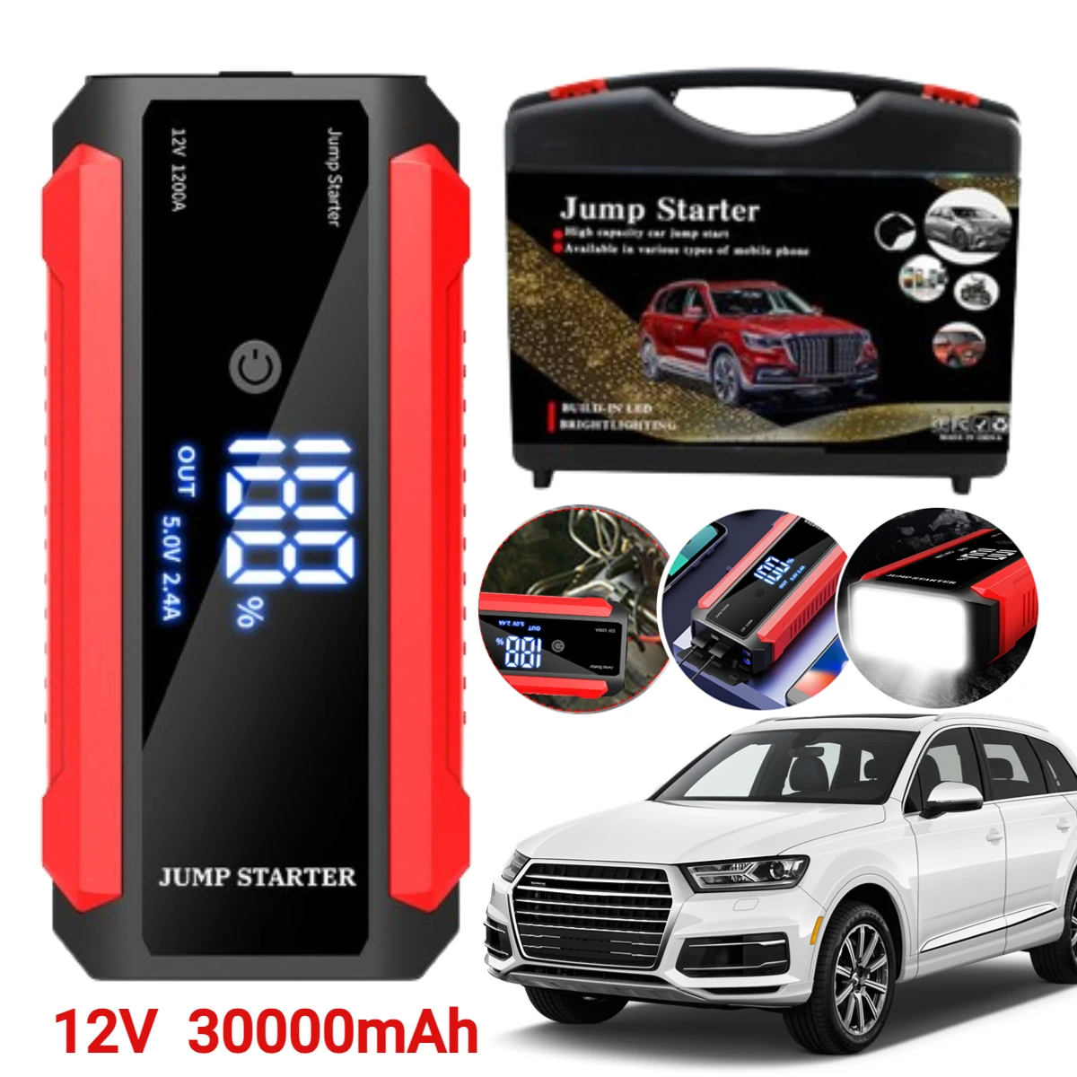 12V Car Jump Starter 30000mAh Portable Emergency Battery Booster LED Flashlight Power Bank Car Quick Starter Car Starting Device