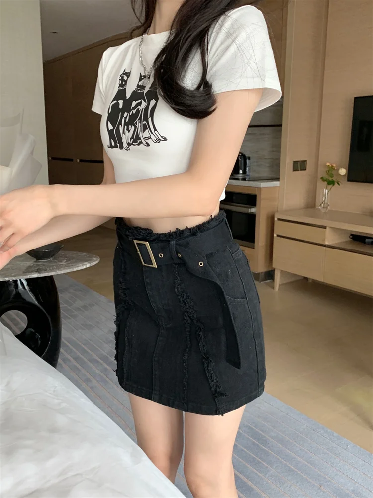 Summer Black Frayed Denim Short Skirt for Women High-Waisted with Belt A-Line Skirt That Covers the Hips Slimming Durable Good Quality view 5