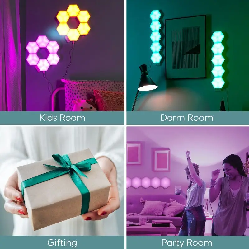 6 Pack Hexagon LED Panel Lights with Remote Music Sync 16 Colors Dimmable Modern Mosaic Decor for Room Home Party