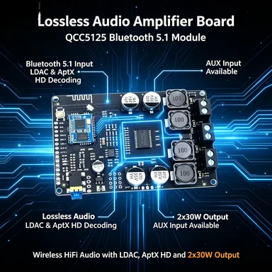 QCC5125 LDAC Bluetooth 5.1 Amplifier Board, 2x30W AptX HD Lossless Audio Module with AUX Input