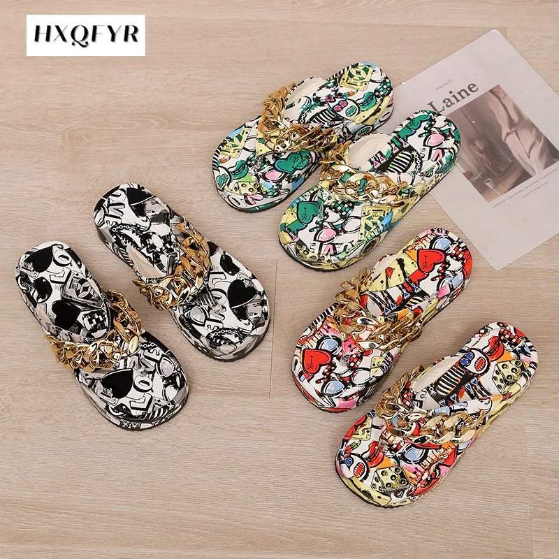 2022 Summer Women Newest Fashion Chain Flip-flops Sandal Slippers Shoes Woman Flat Platform Sandals Casual Flat Slippers Slides