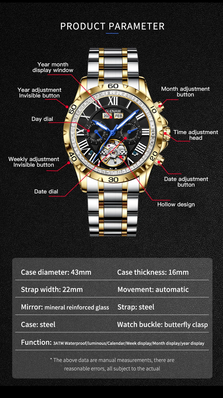 2024GLENAW Fashion Men\'s Automatic Mechanical Watch Luxury Stainless Steel Men\'s Watch Multifunctional Calendar Waterproof Watch