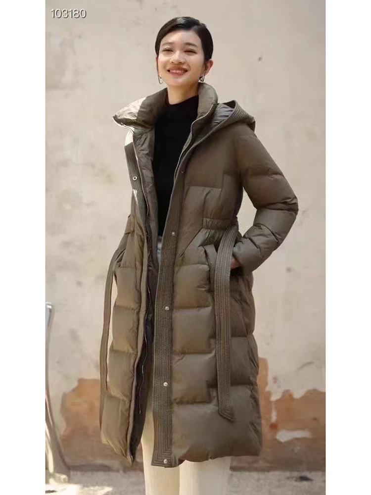 2024 Winter Stylish Long White Duck Down Jacket Women\'s New Style Knee Length Thickened Warm Hooded Coat with Belt