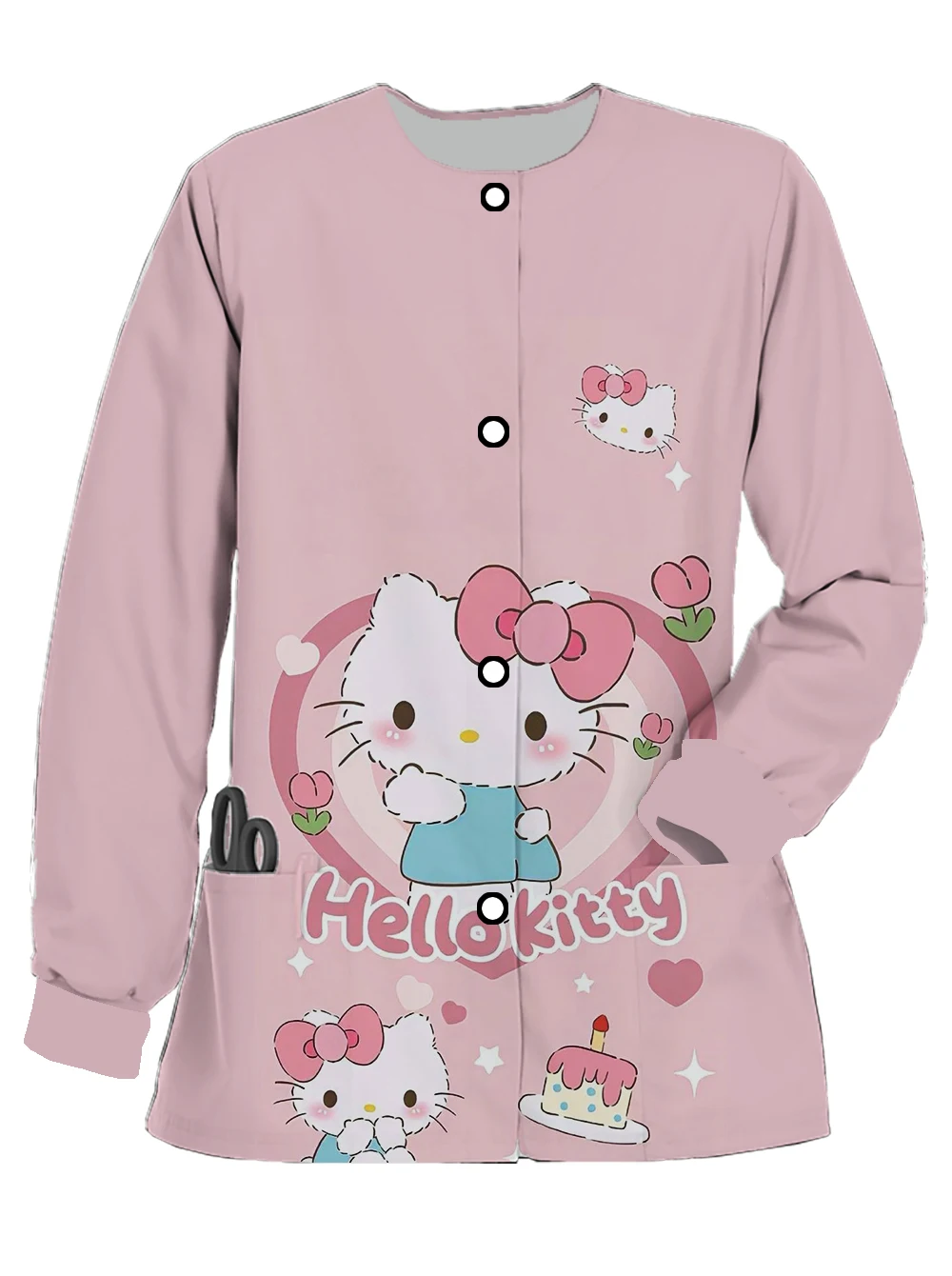 Women's spring and autumn button long-sleeved nurse uniform Hello Kitty printed cardigan doctor fashionable casual work clothes