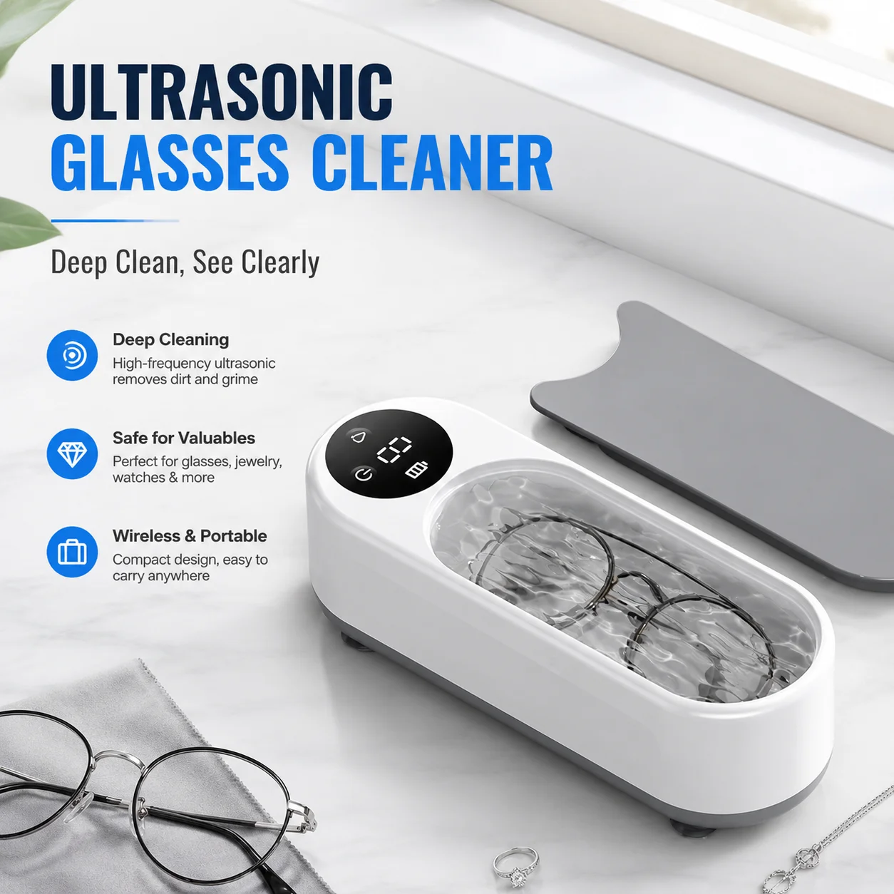 Ultrasonic Glasses Cleaner, High-Frequency Wireless Portable Cleaning Machine for Eyewear, Jewelry & Accessories
